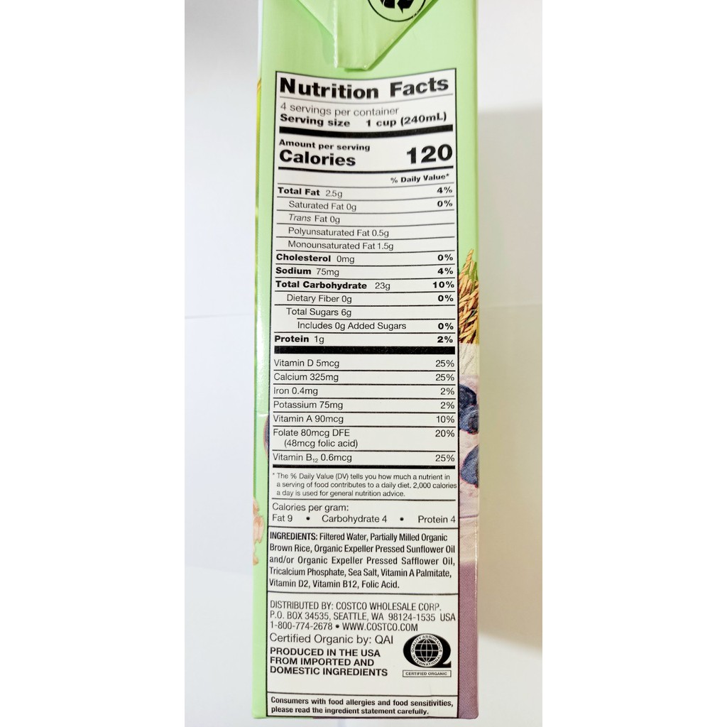 Sữa gạo kirkland Organic không đường 946ml 1 hộp, USA