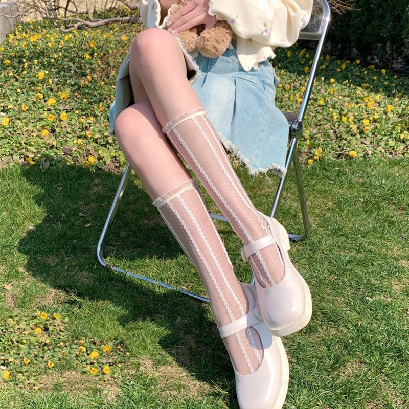 Xiangbao Vớ Lửng Phối Ren Mỏng Kẻ Sọc Dọc Phối Diềm Xếp Nếp Phong Cách Lolita Nhật Bản Ngọt Ngào Mù