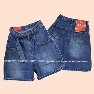 Quần short jean nữ Ngố Rộng Phối dây màu xanh đậm BC196