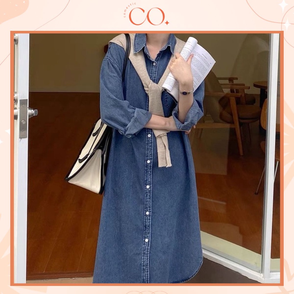 Váy sơ mi jean nữ dáng xuông dài tay, đầm sơ mi form rộng phong cách ulzzang A17