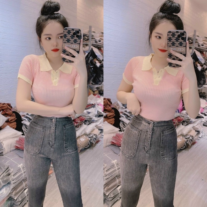 Áo len dệt kim croptop mix cổ vàng nổi bật