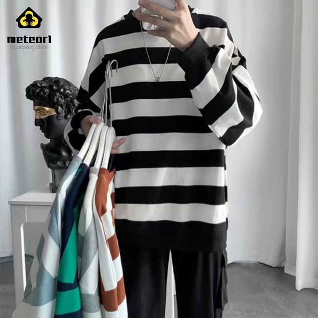 Men Women Sweatshirt Crew Neck Combined Color Stripe Loose Long Sleeve T-shirt Pullover Tops