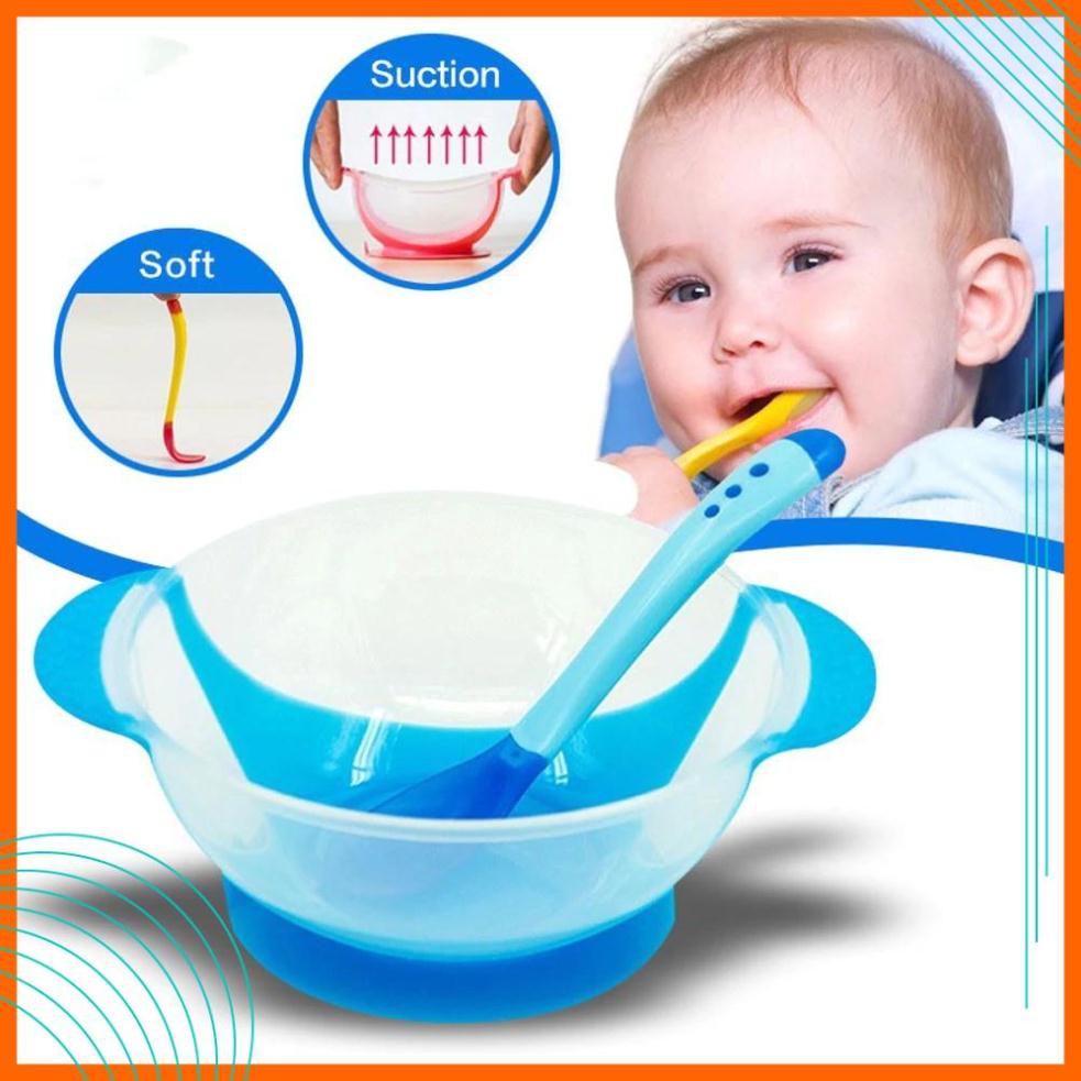 Bát Ăn Dặm Chống Đổ - Bát Ăn Dặm Đế Hút Silicon Và Thìa Báo Nóng An Toàn Cho Bé Yêu
