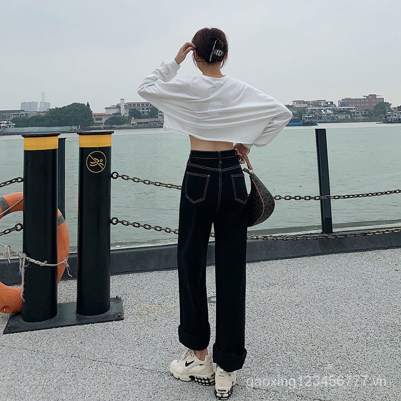 Quần jeans dài ống rộng màu đen thời trang mùa xuân 2021