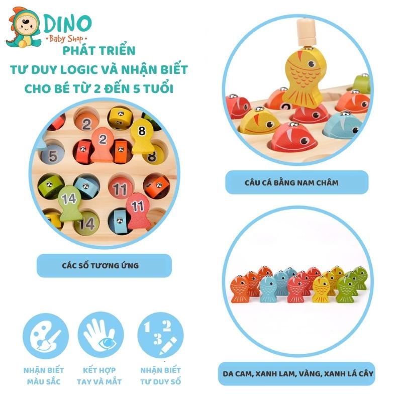 Đồ chơi câu cá bằng gỗ, đồ chơi trẻ em Montessori kết hợp học số đếm và màu sắc DiNo