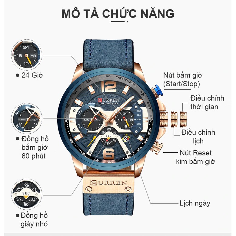 Đồng Hồ Thể Thao Nam Curren, Dây Da Cao Cấp, Máy Nhật Cực Chất, 4 Mặt Số Kim Hiện Đại, Chống Nước Chống Xước Tuyệt Đối