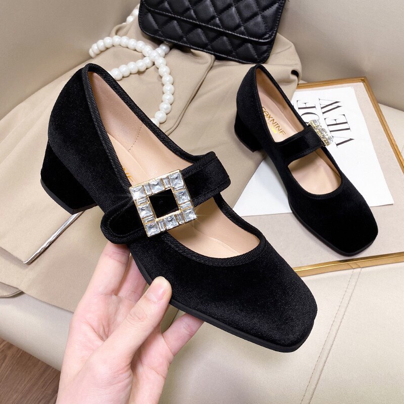 Giày búp bê 5 phân khuy đá dán ngang sườn và họa tiết đá trắng 779 G22