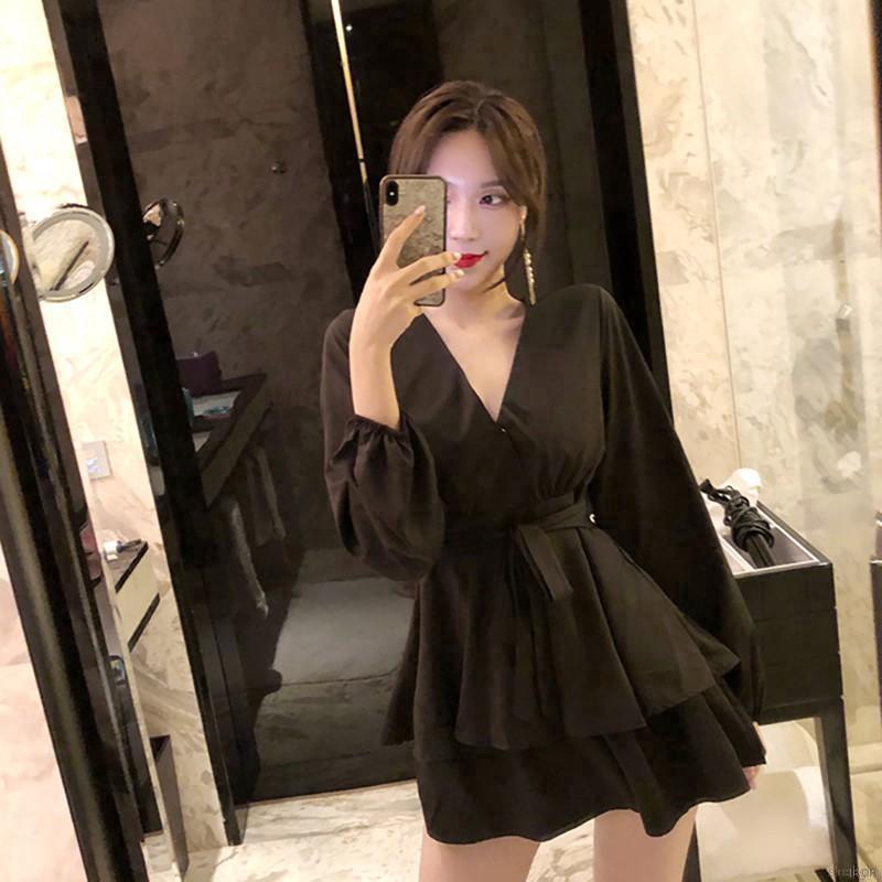 Đầm trơn màu eo cao tay dài thời trang thanh lịch