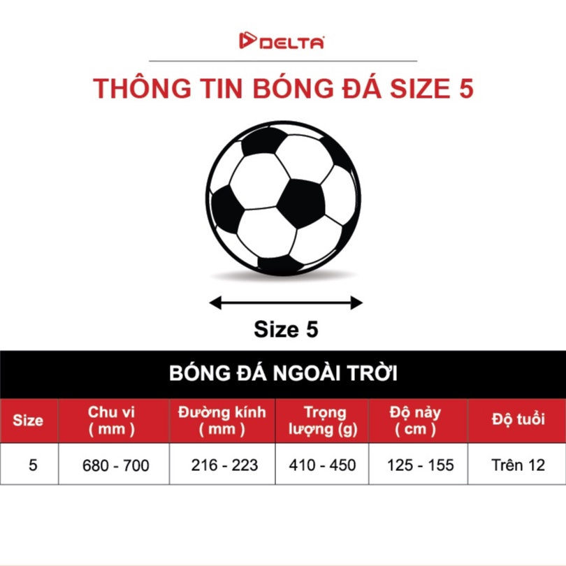 Bóng đá DELTA 9968-5K size 5 tiêu chuẩn FIFA, chất liệu da PU dùng cho 12 tuổi trở lên, chơi trên mọi loại sân.