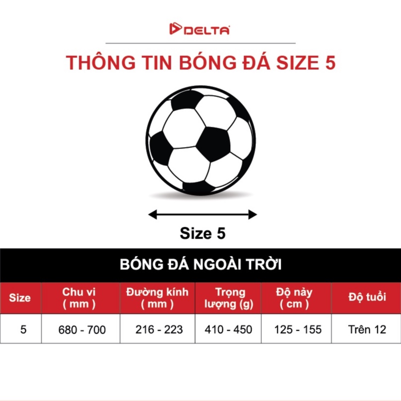 Bóng đá DELTA 9968-5K size 5 tiêu chuẩn FIFA, chất liệu da PU dùng cho 12 tuổi trở lên, chơi trên mọi loại sân.