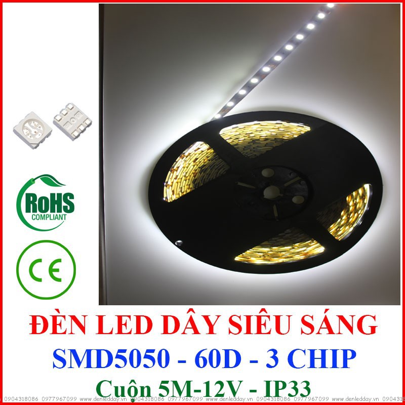 Đèn led dây dán tường SMD5050 3 chip 12V – cuộn 5m – Màu Trắng - Vàng - Xanh dương