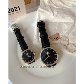 Đồng Hồ Cặp PW Dây Da Đen Không Lịch Mặt Tròn Thời Trang