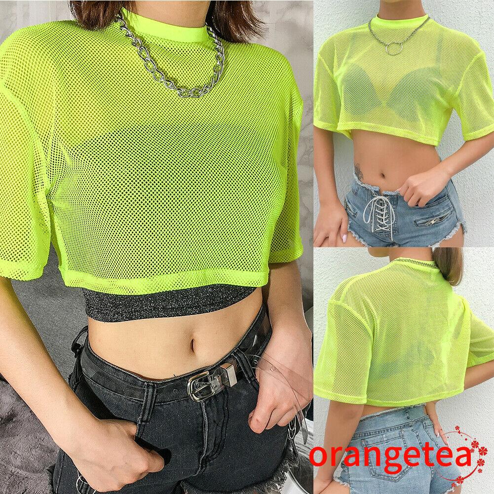 Áo Thun Lưới Crop Top Tay Ngắn Màu Trơn Thời Trang Dành Cho Nữ