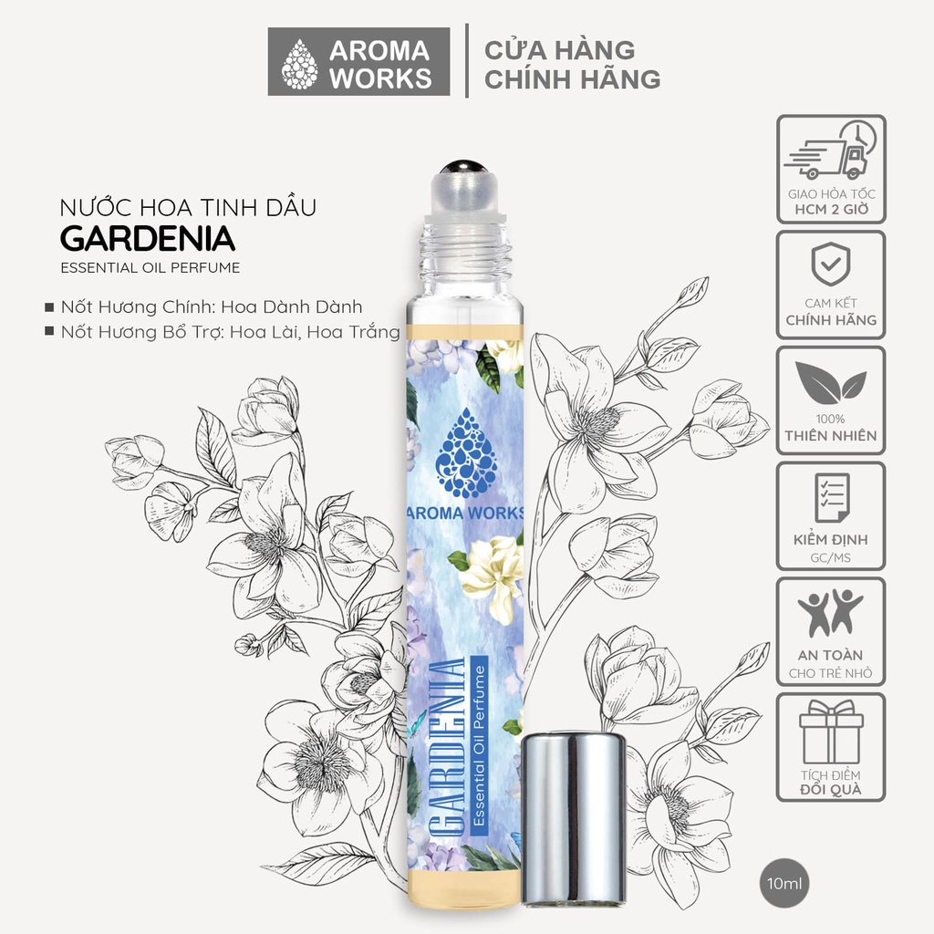 Tinh dầu nước hoa không cồn, lưu hương lâu Aroma Works Gardenia Essential Oil Perfume 10ml