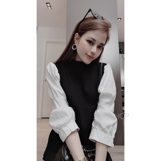 Áo sơ mi nữ công sở màu đen kiểu phối tay trắng