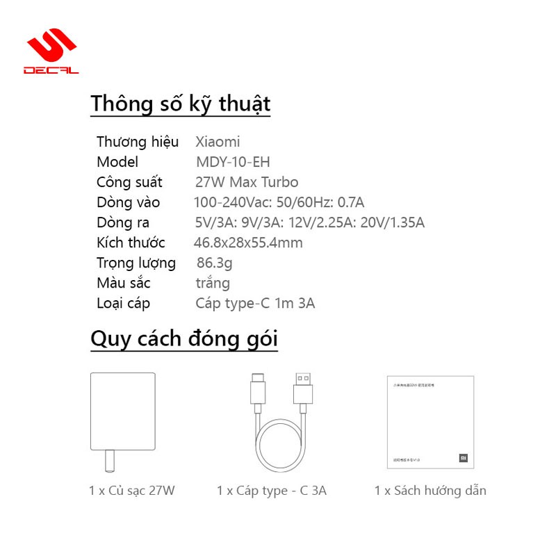 Bộ sạc nhanh Turbo 27W MDY-10EH Xiaomi