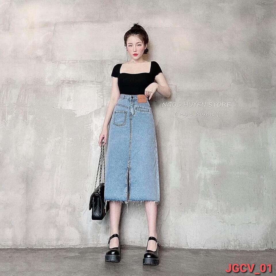 Chân váy jean dáng dài chất bò dày dặn hai cúc màu đen khói CV1