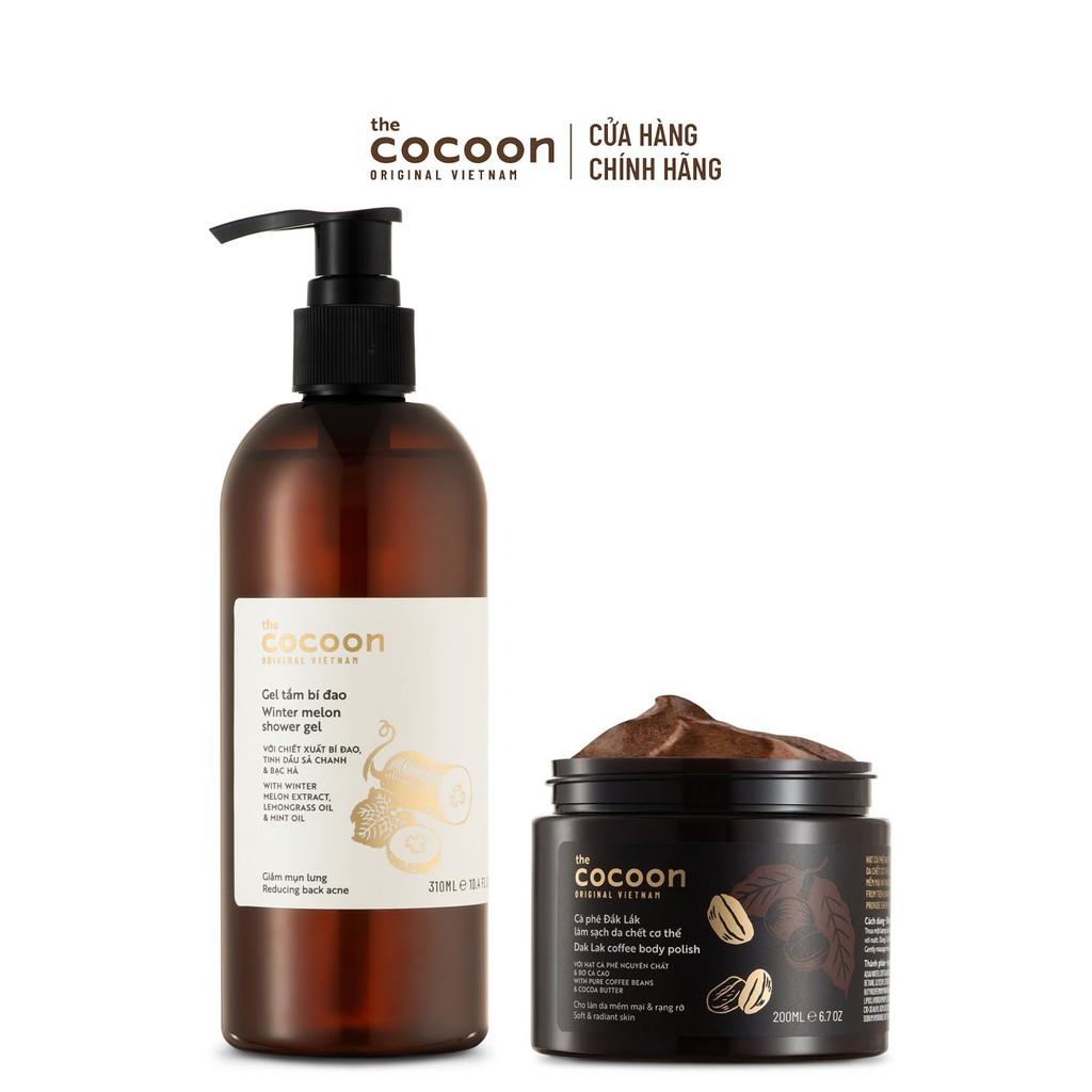 Combo Sáng Mịn Sạch Mụn: 1 Gel tắm bí đao Cocoon 310ml + 1 Cà phê Đắk Lắk làm sạch da chết cơ thể Cocoon 200ml | BigBuy360 - bigbuy360.vn