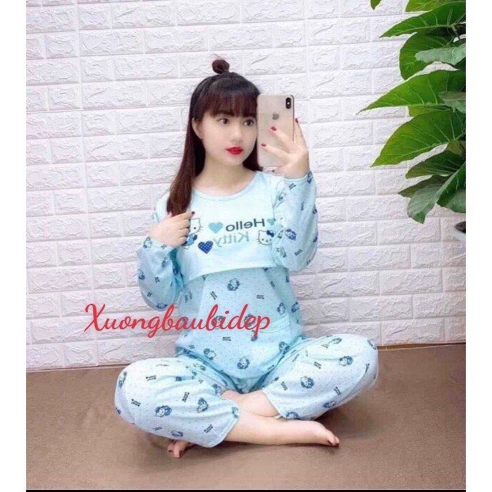 Bộ đồ bầu và sau sinh dài tay HELLO KITTY chất cotton co giãn cực kì thoải mái BD922