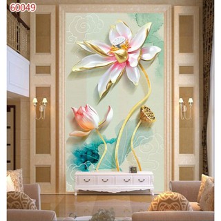 Tranh dán tường 3D hoa sen khổ dọc cao 1.25m*0.8m có keo sẵn