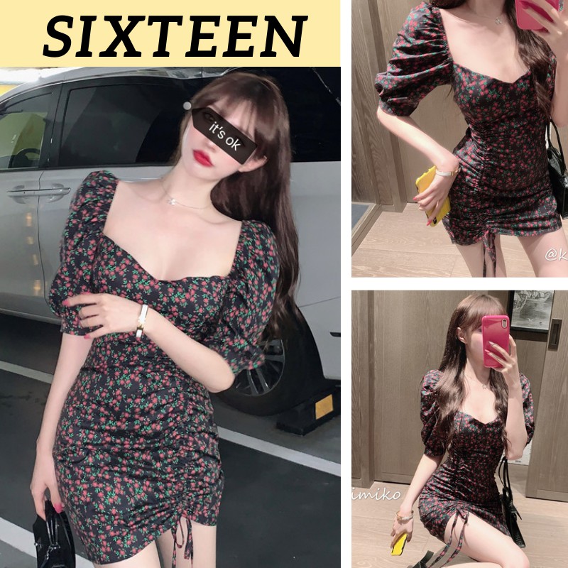 Váy Nữ Cổ Vuông , Đầm Nữ Hoa Nhí Tay Phồng Sexy SIXTEEN.