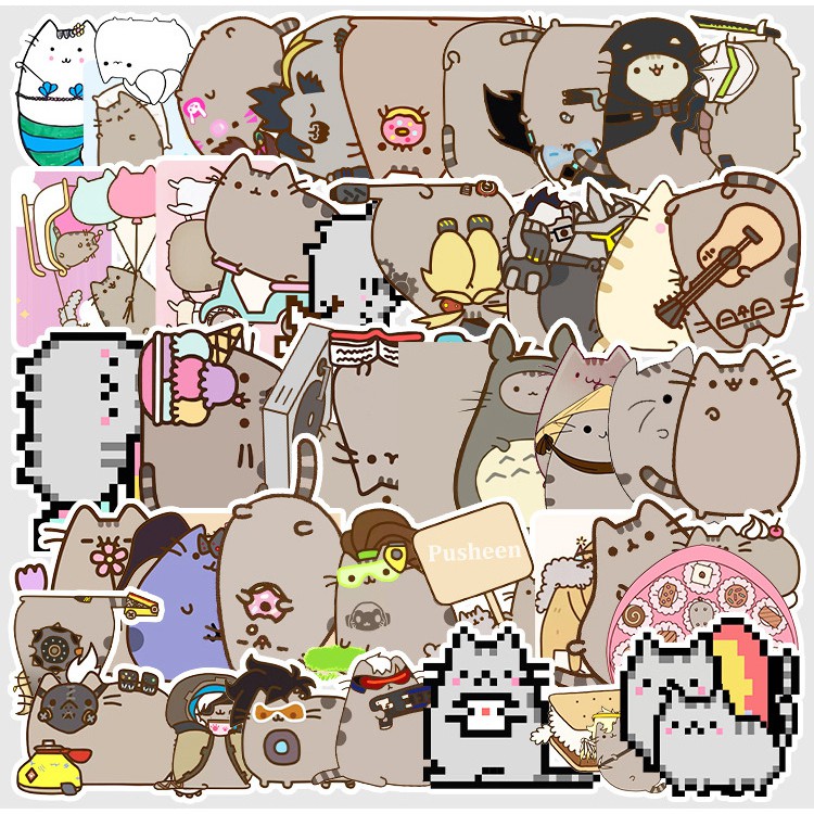 [Set 50 Cái] Bộ Sticker hình mèo Pusheen dễ thương dán trang trí laptop, mũ bảo hiểm, vali, xe ga, ván trượt - DB.052