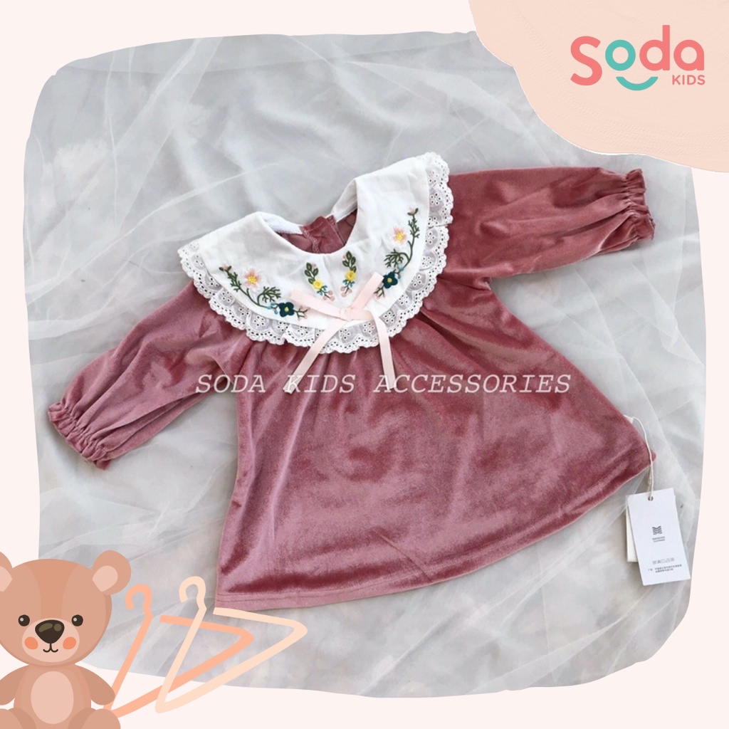Váy nhung hồng cổ nơ thêu hoa (Ảnh thật)