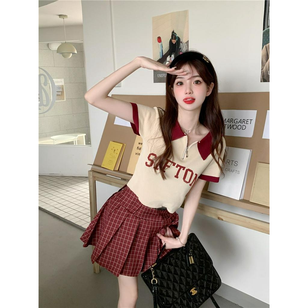 ZHELIHANGFEI Áo Thun POLO Dệt Kim Tay Ngắn Dáng Ôm Thời Trang Dành Cho Nữ