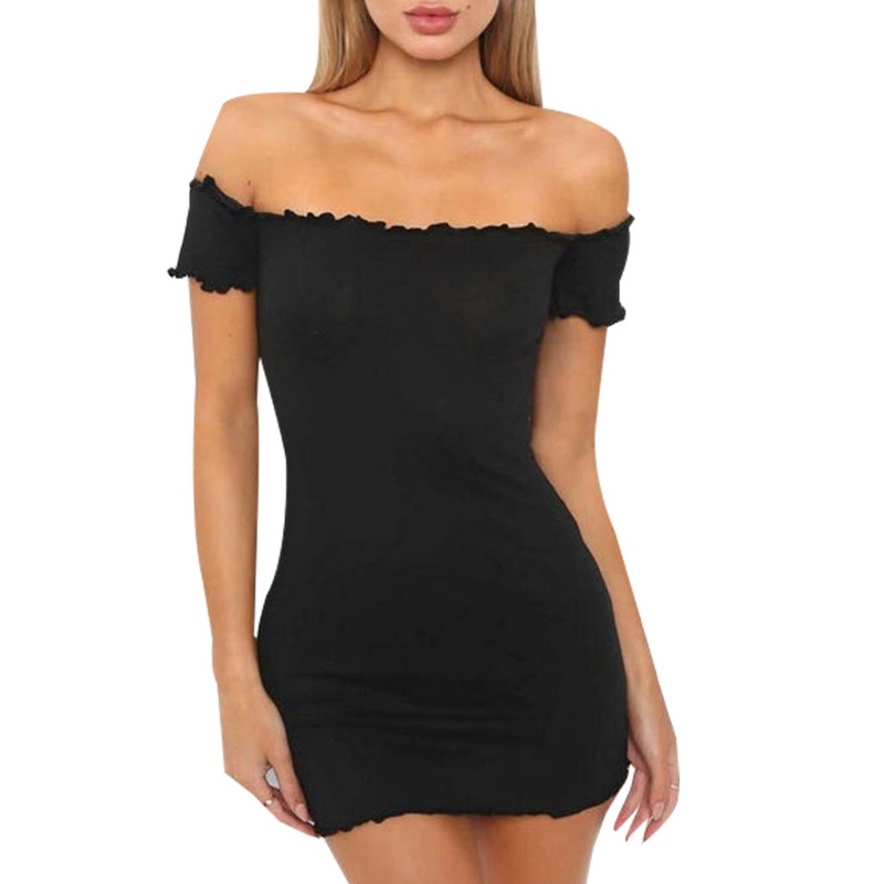 Đầm Ngắn Tay Trễ Vai Phối Bèo Màu Sắc Trơn Quyến Rũ