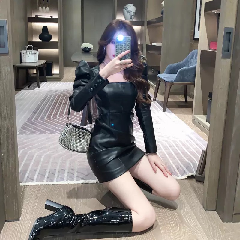 Váy da cổ vuông tay phồng dài tay hàng cao cấp