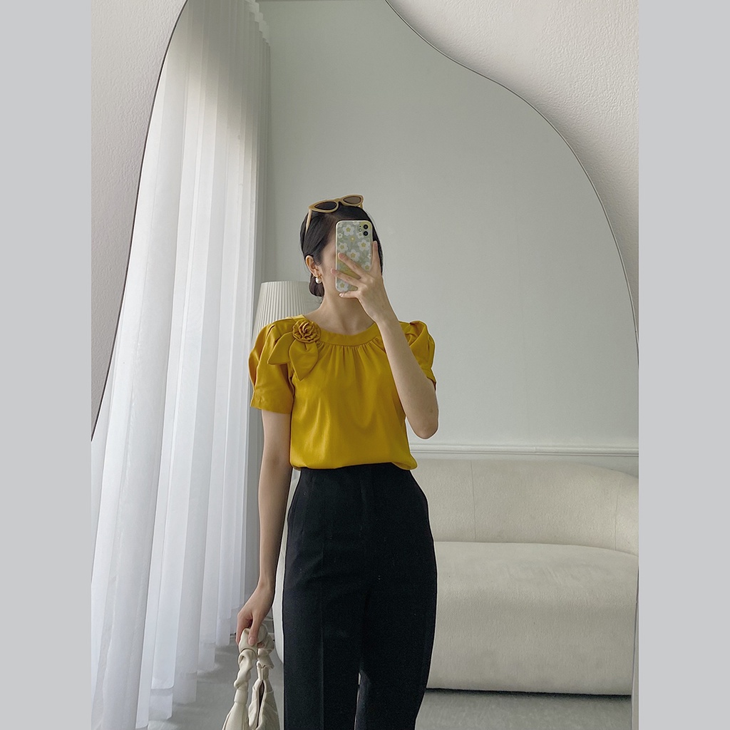 Áo kiểu nữ công sở suông cổ nhún phối hoa thời trang Eden tay ngắn chất liệu lụa mềm mát không nhăn - ASM168