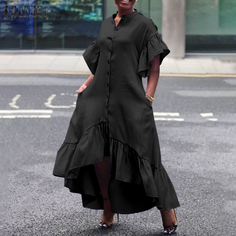 Đầm Maxi ZANZEA Tay Ngắn Cổ Chữ V Vạt Áo Không Đều Màu Trơn Dáng Rộng Viền Áo Nhún Bèo Thời Trang Nữ | BigBuy360 - bigbuy360.vn