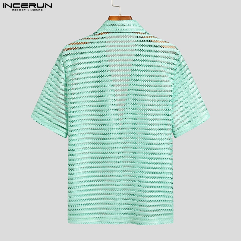 Áo sơ mi INCERUN lưới cổ bẻ tay ngắn trong suốt họa tiết kẻ sọc thời trang cho nam