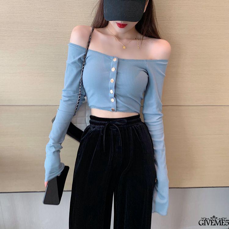 Áo Croptop Trễ Vai Tay Dài Phối Nút Thiết Kế Quyến Rũ Cho Nữ