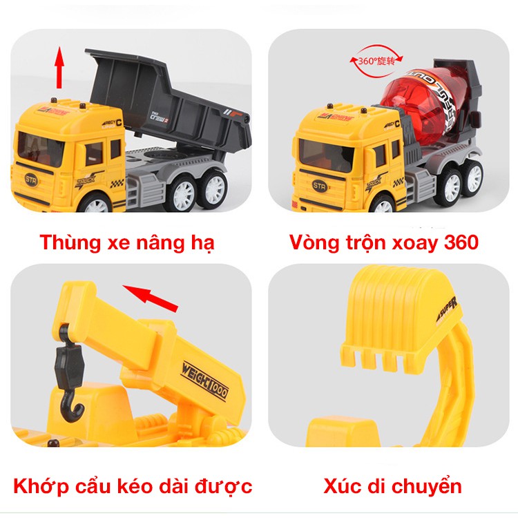 Bộ đồ chơi cho bé xe xây dựng gồm 4 chiếc, chi tiết sắc sảo, nhựa an toàn, các khớp chuyển động tăng trí tưởng tượng