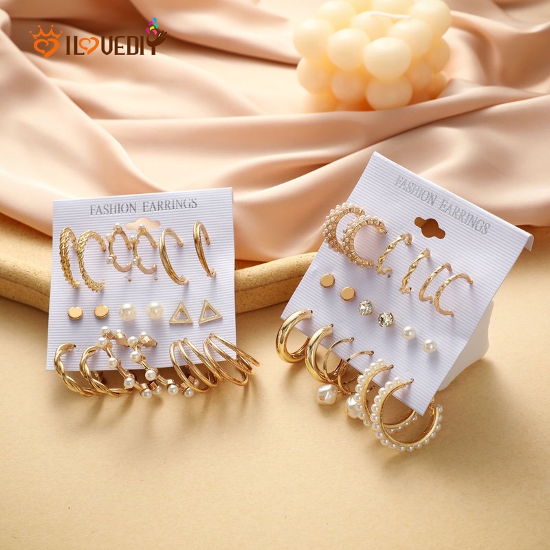 Set 9 Khuyên Tai Dáng Dài Hình Bướm Đính Đá Ngọc Trai Phong Cách Hàn Quốc Cổ Điển Cho Nữ