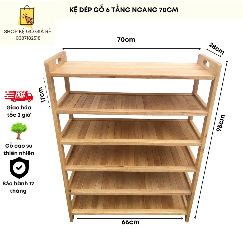 Kệ Để Giày Dép Gỗ Ngang 64cm-70cm Cao 3-4-5-6 Tầng Kèm Quai Sách