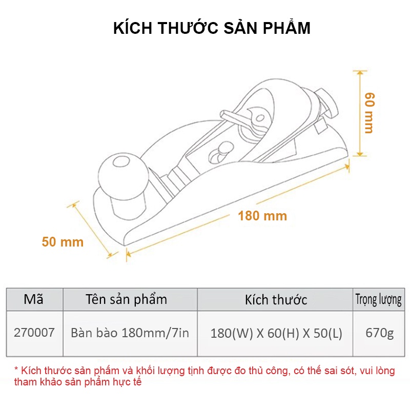 Bào gỗ cầm tay 180mm TACTIX 270007, bàn bào mini lưỡi bào 41mm-1,5 inch tính ứng dụng cao, làm đồ DIY