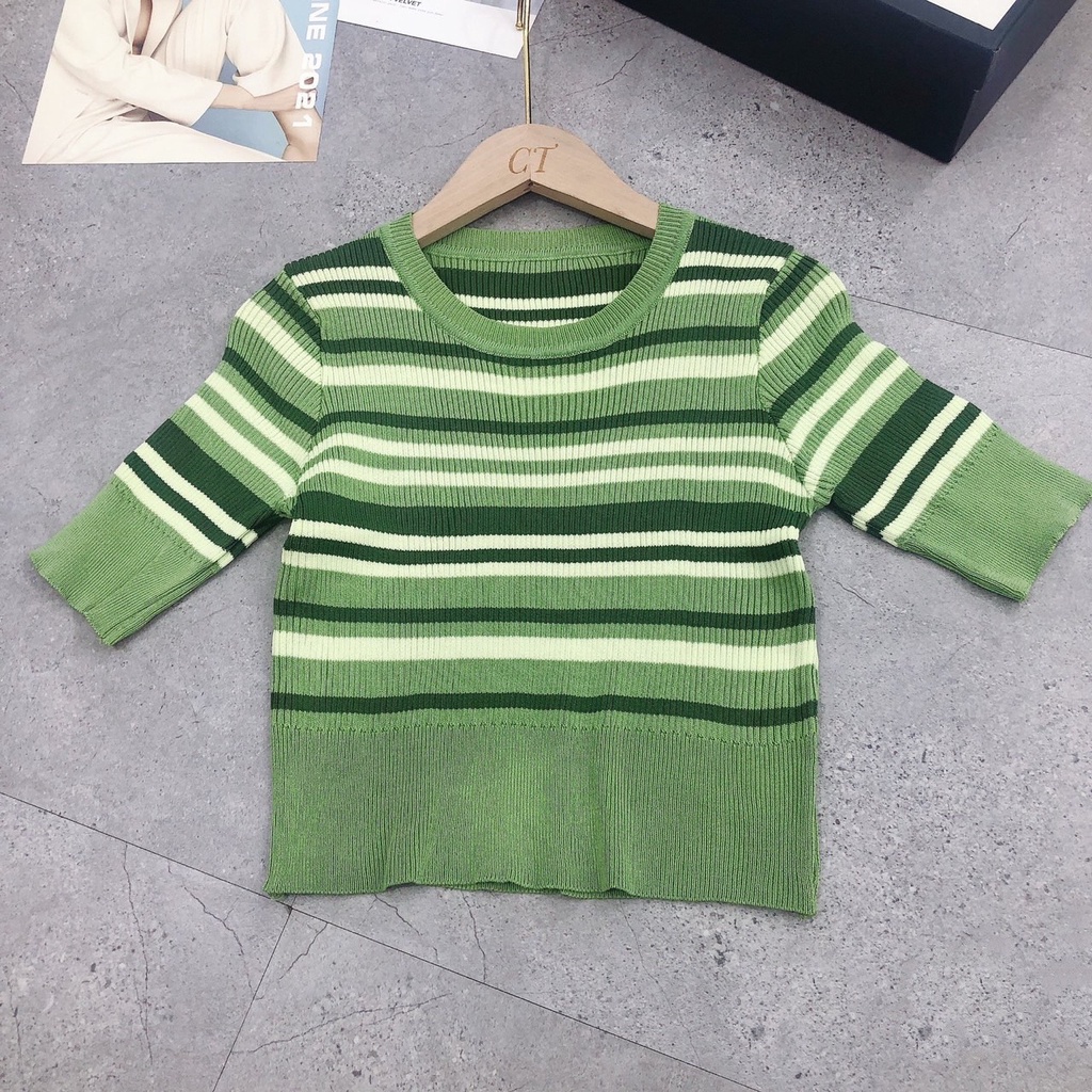 Áo Dệt Kim Nữ Kẻ Ngang Tay Ngắn Cố Tròn Vải Mềm Mại Ailee