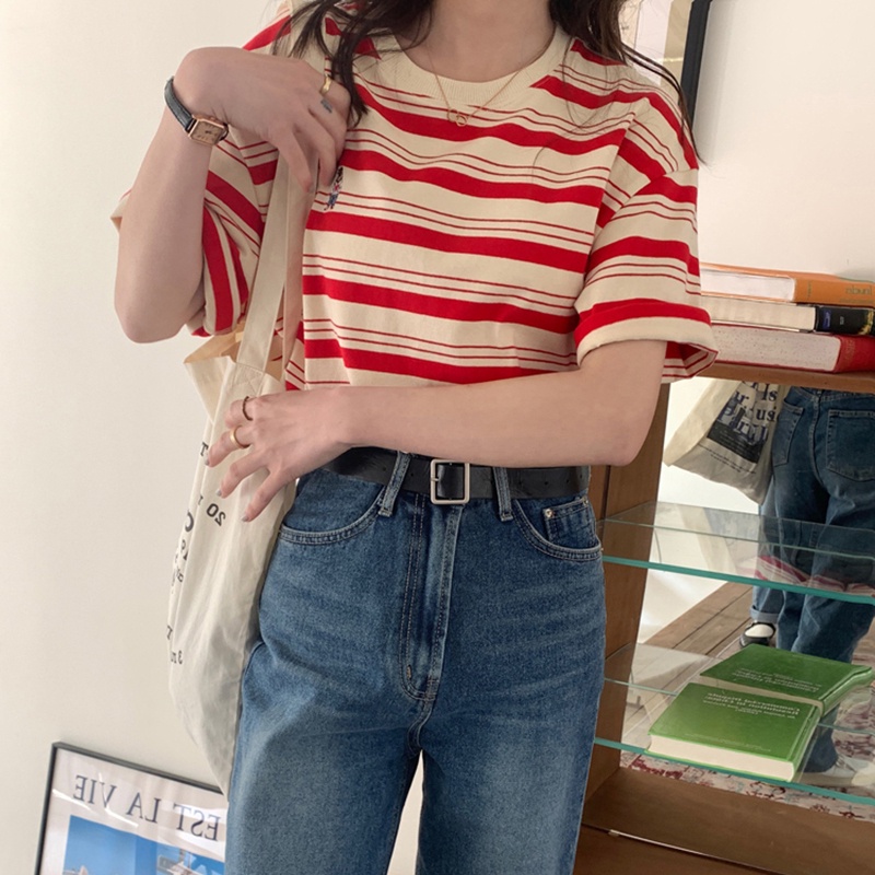 SUXI Áo thun vải cotton cổ tròn ngắn tay dáng rộng họa tiết kẻ sọc đơn giản thời trang mùa hè