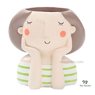 Chậu cô gái mơ mộng trồng cây trang trí, sen đá, xương rồng
