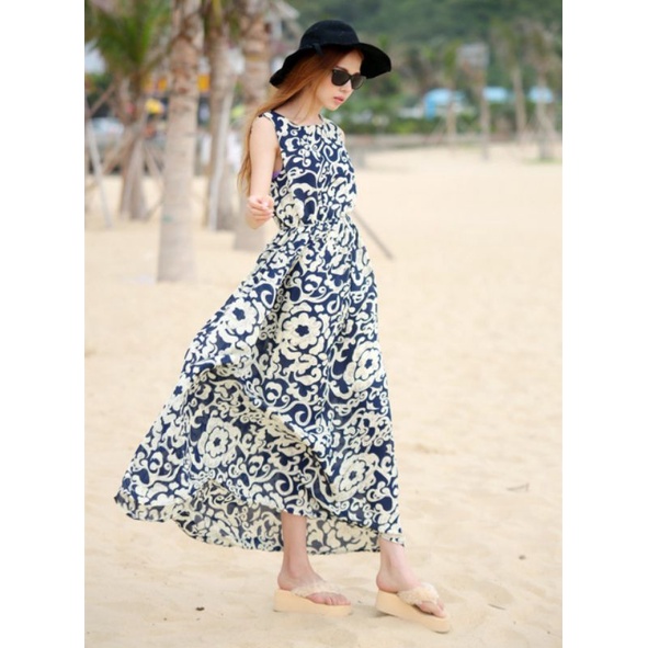 [HÀNG THIẾT KẾ] ĐẦM MAXI VOAN LỤA CAO CẤP PHỐI HOA VĂN XANH ĐẬM