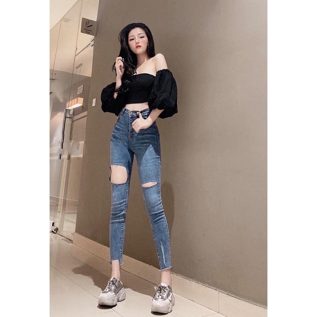 Quần jeans rách ô lưng cao co giãn ♥️FREESHIP♥️ Quần legging jean ôm cạp cao rách was ulzzang quảng châu kèm ảnh thật