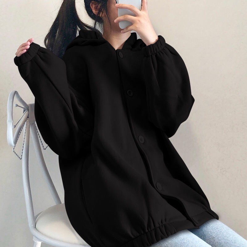 Áo khoác hoodie nam nữ nút to ulzang nỉ bông mũ điệu 2 màu