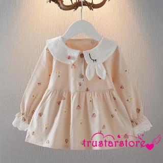 Đầm công chúa dài tay viền ren cổ phối tai thỏ hoạt hình thời trang xuân thu ngọt ngào cho bé gái