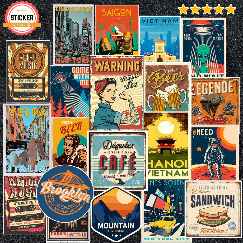 Sticker Vintage Retro hình dán chống nước dán mũ bảo hiểm, laptop, điện thoại, đàn guitar, vali, xe máy, ván trượt