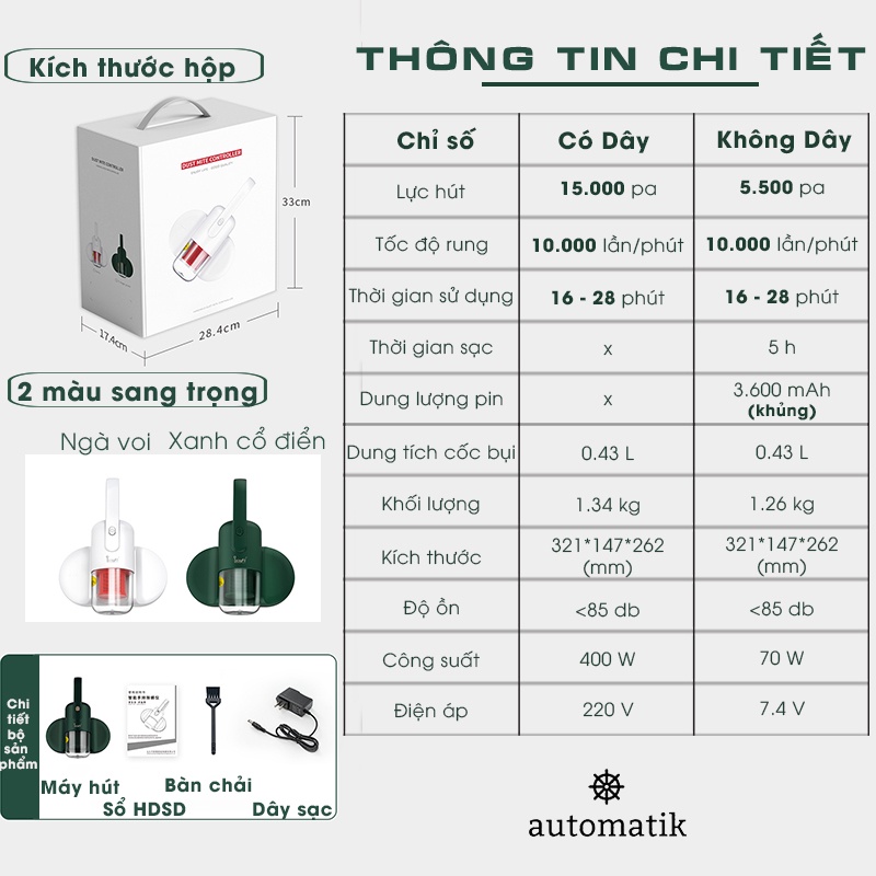 Máy Hút Bụi Giường Nệm Cầm Tay Không Dây Diệt Khuẩn UV, Hút Ẩm Chăn Ga Giường Gối Đệm, Sofa, Quần Áo M10 - Automatik