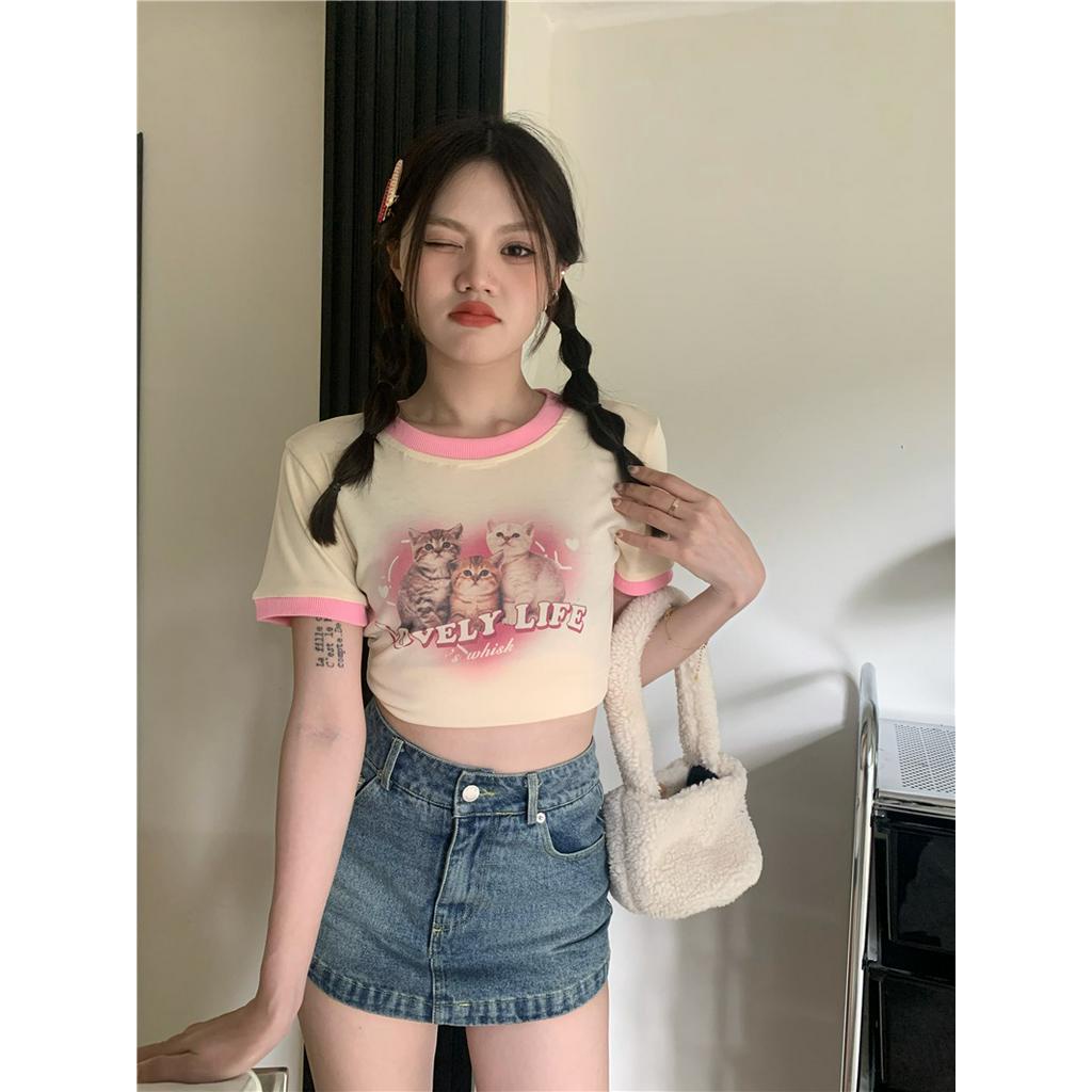 Áo Thun Mỏng Vừa Vặn Màu Sắc Tương Phản In Hình Mèo 61031