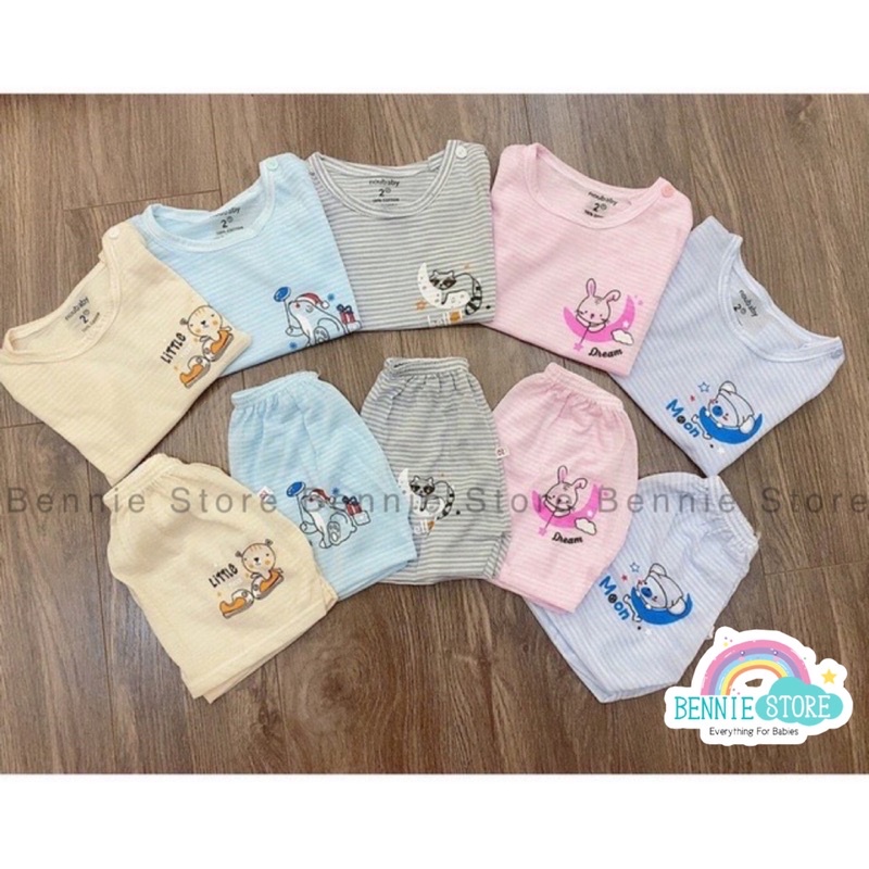 Bộ ngắn tay cho bé 4-14kg, Bộ cộc tay cotton giấy cài vai kẻ ngang Noubaby