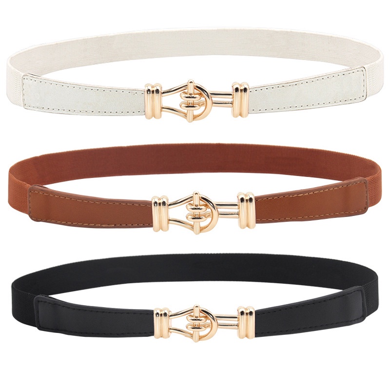 Thắt lưng nylon co giãn màu trơn khóa kim loại màu vàng phong cách mới cho nữ